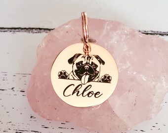 PUG Dog heads personalised ID tags laser engraved,  stainless steel available in silver, gold and rose gold