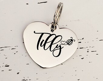 Lady bird heart design pet ID tag, laser engraved, available in silver, gold, rose gold  and Black.