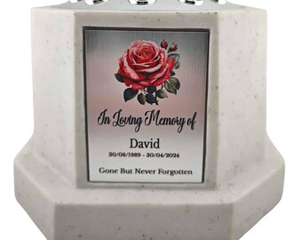 Personalised Rose White Octagon Memorial Rose Bowl Grave Vase with Silver Lid | Custom Grave Flower Holder | In Loving Memory Vase
