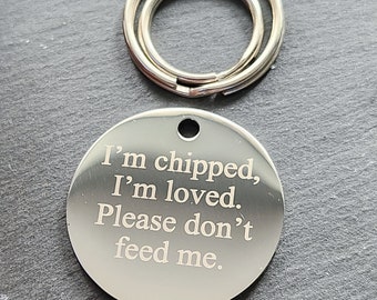 Cat and dog please dont feed me. Laser engraved,  stainless steel available in rose gold, silver and gold.