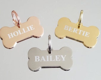 Bone pet tags laser engraved, available in silver, gold and rose gold.