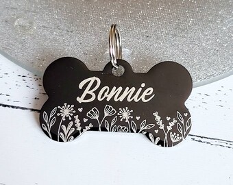 Wild flowers design bone pet tags engraved, available in silver, gold, rose gold, black, rainbow and blue