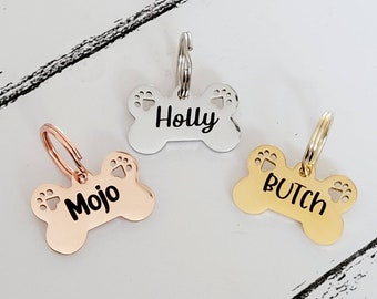 Puppy sized Bone pet tags engraved, available in silver, gold, rose gold. 25mm.