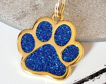 Quality coloured sparkly GOLD paw dog ID tag, laser engraved.