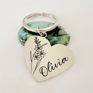 Birth flower keyring, with personalised message.