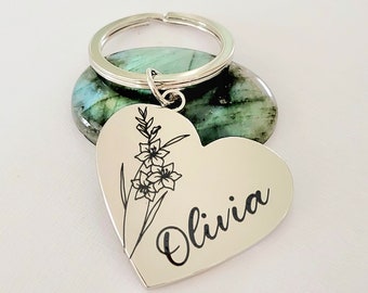 Birth flower keyring, with personalised message.