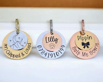 Luxury ROUND layered pet ID tag, dog tag, collar tag, cat tag, various colours, engraved