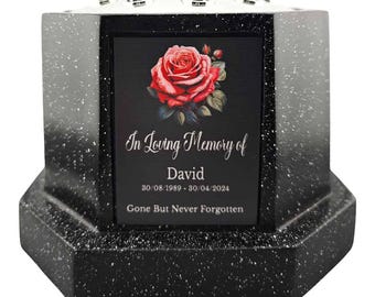 Personalised Rose Black Octagon Memorial Rose Bowl Grave Vase with Silver Lid | Custom Grave Flower Holder | In Loving Memory Vase