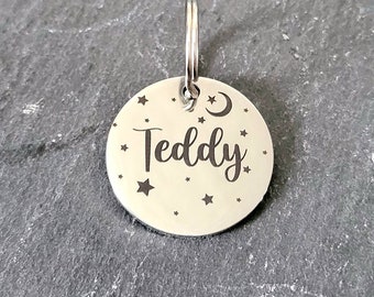 Moon and star dog tags engraved,  stainless steel round tag available in rose gold,  silver and gold