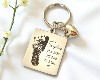 Personalised Baby or Child Footprint Keyring | 30x32mm Stainless Steel | Newborn Gift | Birth Details Keepsake | Actual Print Engraved