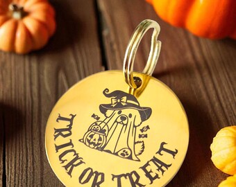 Halloween Trick or Treat Pet ID Tag – Custom Engraved Stainless Steel Dog Cat Tag – Silver, Gold, Rose Gold or Black