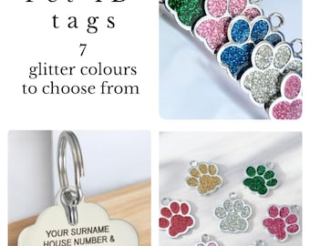 Sparkly coloured paw dog or cat ID tag, laser engraved.