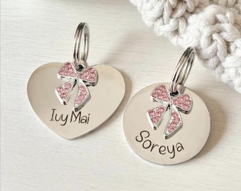 Personalised Pink Bow Charm Pet ID Tag – Heart or Round, Engraved Front & Back, Pretty Blingy Pet Tag. Unique. Pet Jewellery.