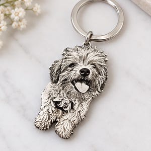 May include: A silver-toned metal keyring featuring a detailed, embossed portrait of a fluffy dog with its tongue out. The pendant is attached to a circular split ring, showcasing intricate textures that mimic the appearance of thick fur.