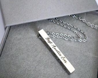 Silver bar necklace with personalised engraving to all 4 sides. Gifts for her, ladies jewellery.