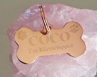 Im microchipped engraved pet tags, available in silver, gold, rose gold or rainbow