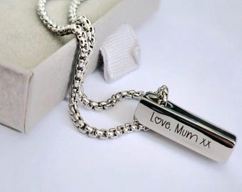 Silver geometric bar necklace with personalised engraving to the back. Gifts for him. Men's jewellery.