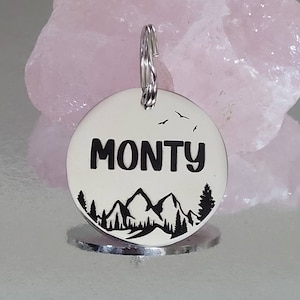 Mountain design pet ID tag, laser engraved, available in silver, gold, rose gold  and Black.