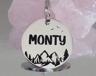 Mountain design pet ID tag, laser engraved, available in silver, gold, rose gold  and Black.