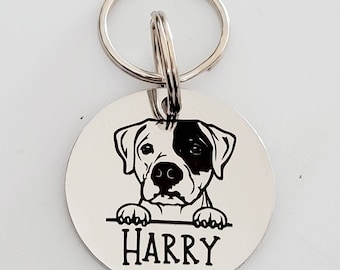 Staffy Pet ID tags engraved, stainless steel laser engraved.