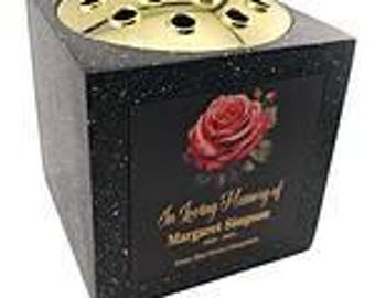 Personalised Floral Rose Black Square Memorial Rose Bowl Grave Vase with Silver or Gold Plate | Custom Grave Flower Holder