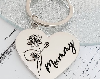 Birth flower keyring, with personalised message.