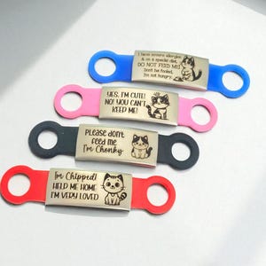 Peut inclure: Quatre accessoires de colliers pour animaux de compagnie colorés avec du texte gravé et des illustrations de chats. Les étiquettes sont bleues, roses, noires et rouges. Chaque étiquette a un message différent : "J'ai de graves allergies", "Oui, je suis mignon !", "Ne me nourrissez pas" et "Je suis pucé !"