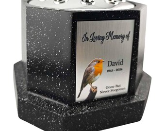 Personalised Robin Black Octagon Memorial Rose Bowl Grave Vase with Silver Lid | Custom Grave Flower Holder | In Loving Memory Vase