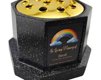 Personalised Rainbow Black Octagon Memorial Rose Bowl Grave Vase with Gold Lid | Custom Grave Flower Holder | In Loving Memory Vase