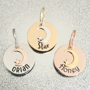 Moon and star pet ID tag with Silver, gold or rose gold charm.