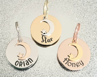 Moon and star pet ID tag with Silver, gold or rose gold charm.