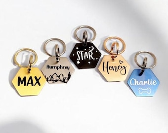 Beautiful stylish 30mm hexagon pet ID tag. Available in silver, gold, rose gold, blue or black Steel.