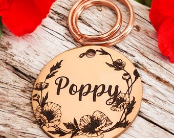POPPY pet ID tag, with poppy wild flower border design. Silver, Gold, ARose Gold  stainless Steel. Dog tag| cat
