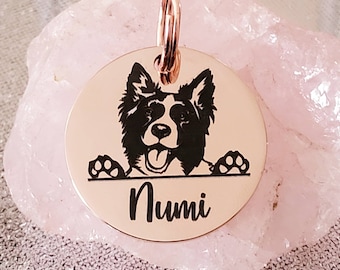 Border Collie Dog heads personalised ID tags laser engraved,  stainless steel available in silver, gold and rose gold