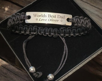 Personalised MENS adjustable bracelet, with personalised stainless steel plate.