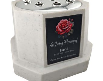 Personalised Rose White Octagon Memorial Rose Bowl Grave Vase with Silver Lid | Custom Grave Flower Holder | In Loving Memory Vase