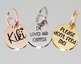 Tiny 20mm cat or puppy ID tags laser engraved,  stainless steel available in silver, gold and rose gold