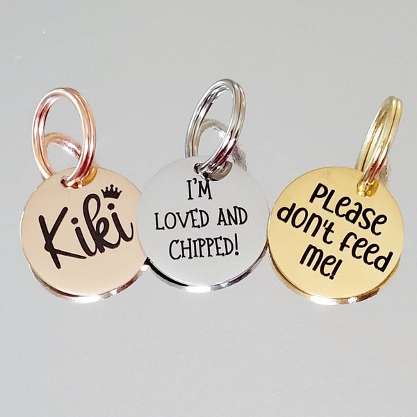 Tiny 20mm cat or puppy ID tags laser engraved,  stainless steel available in silver, gold and rose gold
