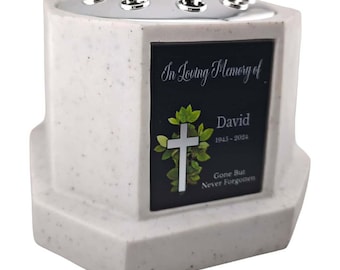 Personalised White Octagon Memorial Rose Bowl Grave Vase with Silver or Gold Lid | Custom Grave Flower Holder | In Loving Memory Cross Vase
