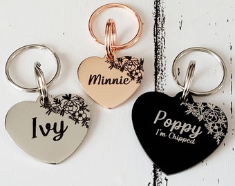 Pretty floral lace pet ID tags, laser engraved,  stainless steel available in silver, gold, rose gold and black.