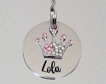 Prince Princess crown pet ID tag with pink or blue crown. dog tag, collar tag, cat tag, various fonts, engraved. Unique. Pet Jewellery.