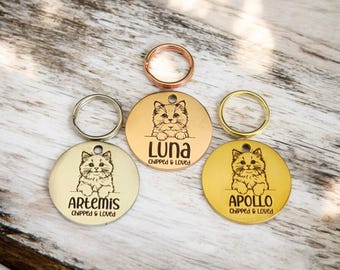 Tiny RAGDOLL 20mm or 25mm cat ID tags laser engraved,  stainless steel available in silver, gold and rose gold. Most breeds available.