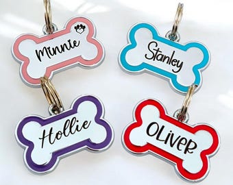 Alloy bone shaped dog ID tag, various colours and sizes.