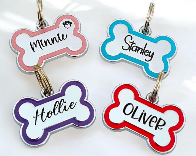 Featured listing image: Alloy bone shaped dog ID tag, various colours and sizes.