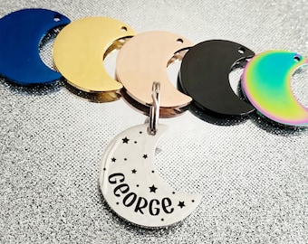 30mm Moon shape Pet ID tag. ID information on the back. Laser engraved.