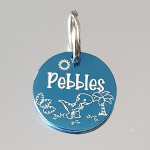 Dino themed pet ID tags,  various colours, sizes and fonts to choose from. Engraved both sides