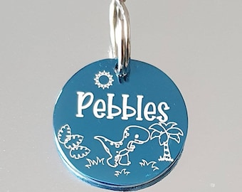 Dino themed pet ID tags,  various colours, sizes and fonts to choose from. Engraved both sides