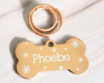 Flower design bone pet tags engraved, available in silver, gold, rose gold, black, rainbow and blue