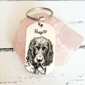 May include: A silver-colored dog tag keychain with a detailed black and white portrait of a dog. The name "Hugo" is printed above the dog's image, with a heart symbol. The keychain is attached to a silver ring.