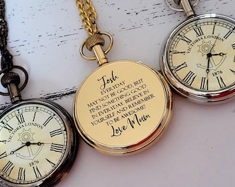 Stylish engraved pocket watch with chain. Silver, Gold or Antique solid brass